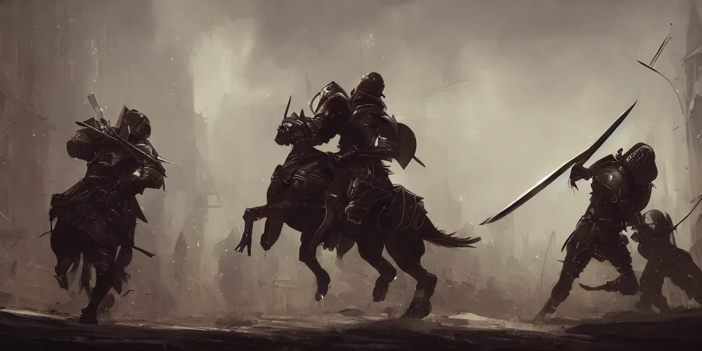 Image similar to a painting of a cinematic keyframe of two medieval knights fighting with swords at midnight by greg rutkowski, dark fantasy art, high detail, trending on artstation