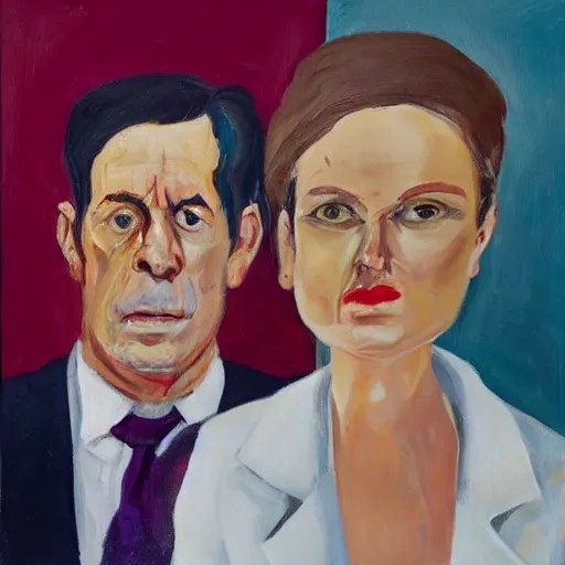 Prompt: archibald prize winning portrait of seedy corrupt politician with his beautiful personal secretary