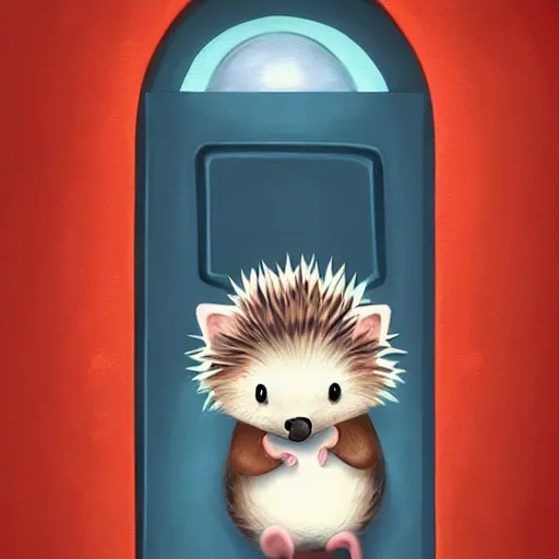 Image similar to cute adorable hedgehog opening the door, shy hedgehog, blushing, waving, smiling, cute, hedgehog, by cyril rolando