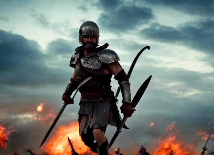 Image similar to cinematic film still of joe biden as leonidas charging into battle in 3 0 0 movie, 8 k, epic moody sky, dramatic lighting