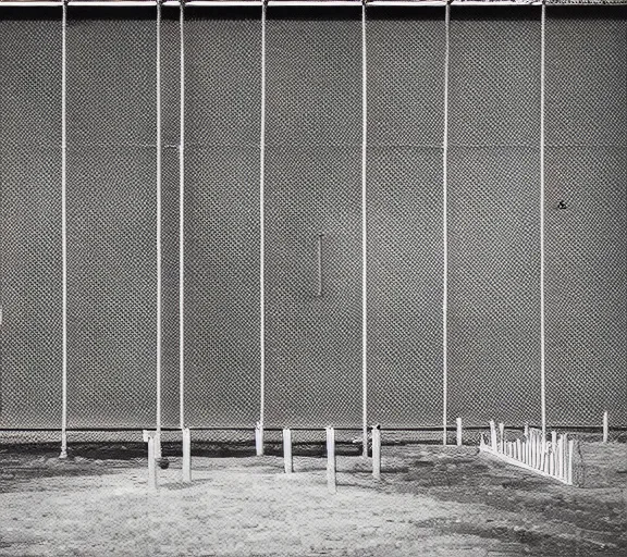 Prompt: Joachim Brohm photo of 'thanos laughing behind jail bars', high contrast, high exposure photo, monochrome, DLSR, grainy, lost footage, dutch angle