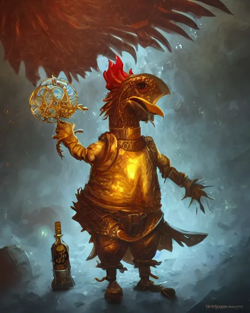 Image similar to Chicken, Anthropomorphized, holding waterthrower, raging, Golden Steampunk city atmosphere, magic the gathering artwork, D&D, fantasy, cinematic lighting, centered, symmetrical, highly detailed, digital painting, artstation, concept art, smooth, sharp focus, illustration, volumetric lighting, epic Composition, 8k, art by Akihiko Yoshida and Greg Rutkowski and Craig Mullins, heroic pose, oil painting, cgsociety