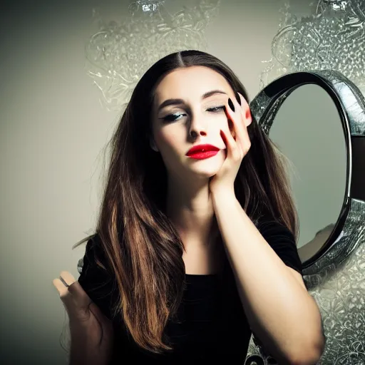 Image similar to a beautiful woman sitting at a vanity in front of a mirror, beautiful face, fashion photography, elegant furniture, cracked mirror