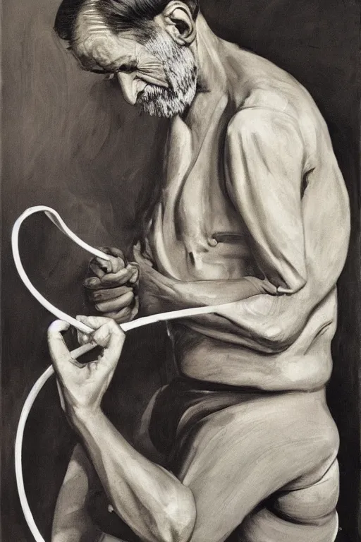 Image similar to portrait of sigmund freud eating one banana, twirling a hula hoop, by frank mccarthy, by lucian freud