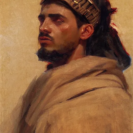 Image similar to Solomon Joseph Solomon and Richard Schmid and Jeremy Lipking Middle eastern genre painting portrait painting of a young handsome man in ancient Canaanite costume, red background