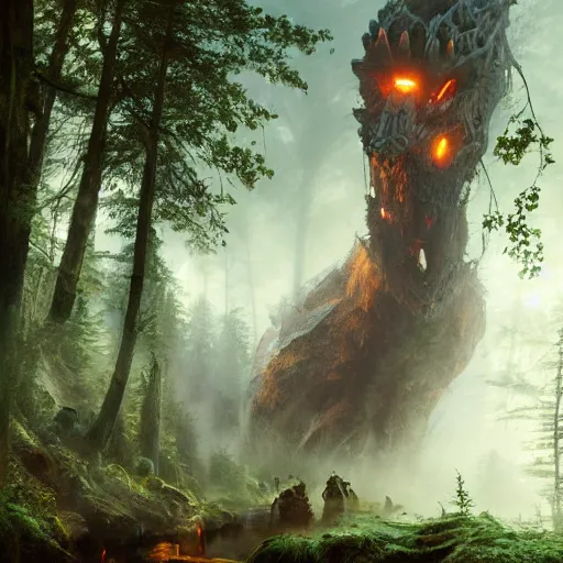 Image similar to a giant creature toweringover the forest, 8 k octane beautifully detailed render, post - processing, extremely hyper - detailed, intricate, epic composition, cinematic lighting, masterpiece, trending on artstation, masterpiece, stunning art by anders zorn, wonderful masterpiece by greg rutkowski, beautiful cinematic