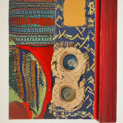 Image similar to A three color offset lithography of a ready-made artifact that looks like a found object from an exotic culture, ethnographic, installation view, wide angle, museum display, photography, exhibition catalogue, 60s style, full page