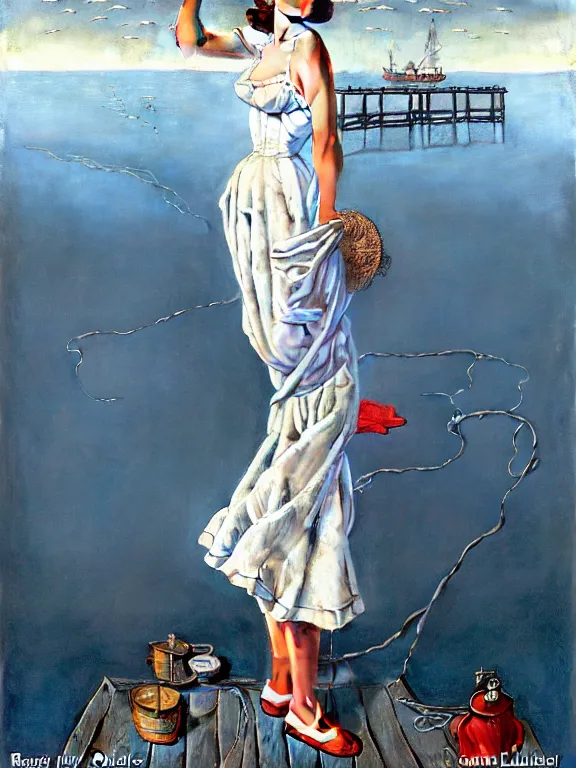 Image similar to a fancy beautiful woman standing on a wharf at the edge of a cold sea by rob gonsalves and ruth deckard and gil elvgren and harry ekman and george petty and hilo chen and norman rockwell, crisp details, hyperrealism, high detail, high contrast, low light, grey mist, cobblestones, dim lantern