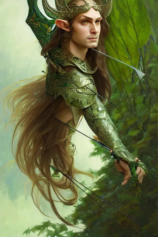 Image similar to male elven Archer armor made of green leaves, fantasy, amber eyes, face, long hair, intricate, elegant, highly detailed, digital painting, artstation, concept art, smooth, sharp focus, illustration, art by artgerm and greg rutkowski and alphonse mucha