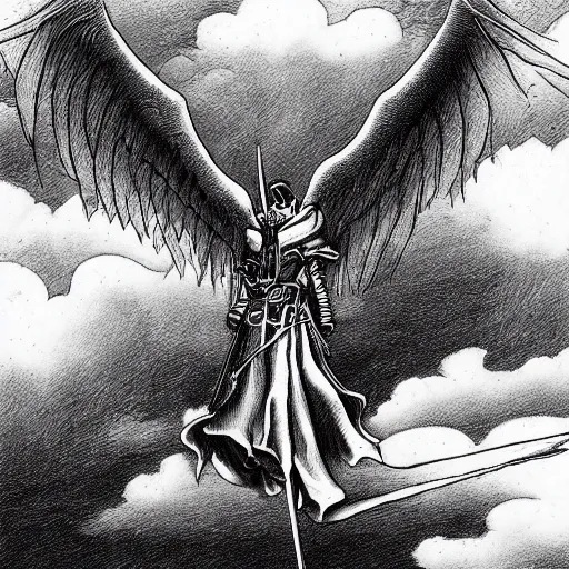 Prompt: a badass professional illustration of the grim reaper hovering in the sky by kentaro miura, hyper - detailed masterpiece