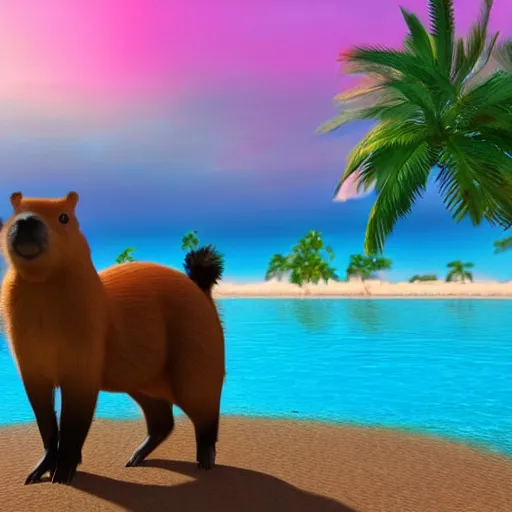 Image similar to “two best friend capybara and bunny with black spots on face and nose, on a beach with blue water and white sand, swaying palms, photorealistic render, colorful sunset, unreal engine 5, dynamic lighting, trending on artstation,”