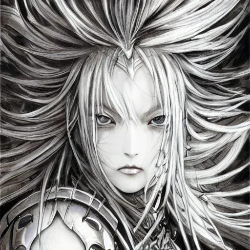 Image similar to Yoshitaka Amano realistic illustration of an anime girl with wavy white hair and cracks on her face wearing Elden ring armour with the cape fluttering in the wind, abstract black and white patterns on the background, noisy film grain effect, highly detailed, Renaissance oil painting, weird portrait angle