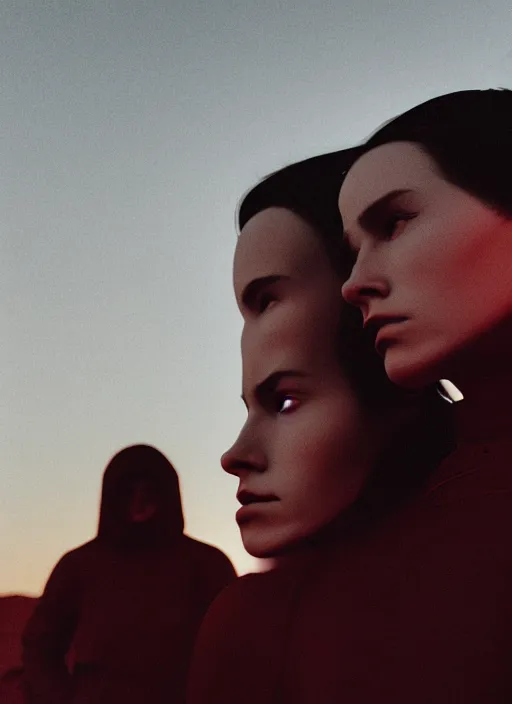 Image similar to cinestill 5 0 d photographic portrait of two loving female androids wearing rugged black techwear on a desolate plain with a red sky in front of a brutalist structure, extreme closeup, cyberpunk style, dust storm, 8 k, hd, high resolution, 3 5 mm, f / 3 2, ultra realistic faces, ex machina