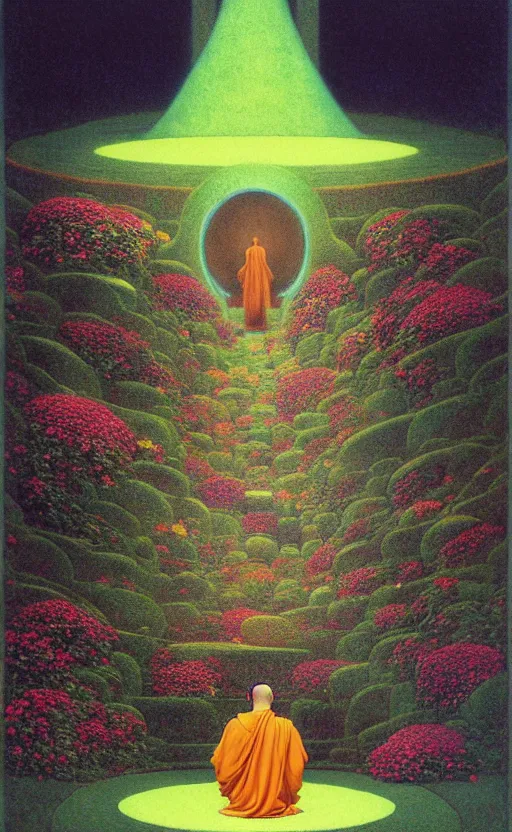 Prompt: a robed monk meditating inside of a recursive tesseract temple, made of flowers and leaves, impressive, dark, ethereal, dramatic, epic, a masterpiece, fine art with subtle redshift rendering, by carcagg, surrealism in style of jugendstil, and maxfield parrish, maurice sendak, by moebius