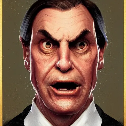 Prompt: Jair Bolsonaro president of Brazil with angry evil eyes, dark lighting artwork by Sergey Kolesov