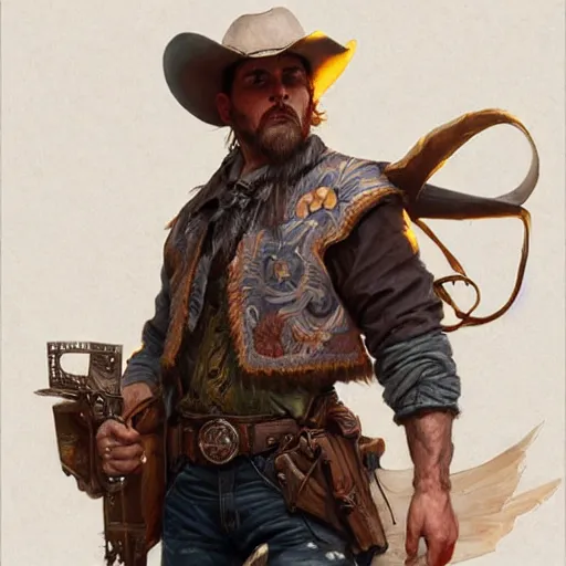 Image similar to a male rugged cowboy, bleeding, D&D, fantasy, intricate, elegant, highly detailed, digital painting, artstation, concept art, smooth, sharp focus, illustration, art by artgerm and greg rutkowski and alphonse mucha