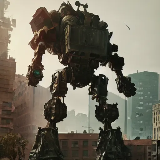 Prompt: six feet tall mech fighting in an urban environment, gaudi, by ismail inceoglu, octane render, by weta digital, cinematic lighting, bump mapped, lumen reflections, action scene screenshot, epic scale