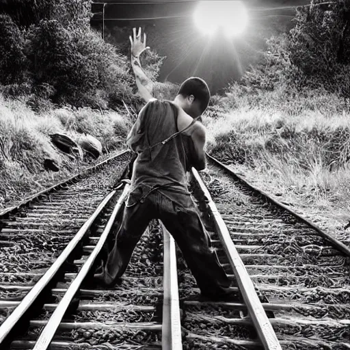 Prompt: justin sun tied to train tracks, bound in rope and chains, beautiful cinematic lighting, epic composition, approaching train headlight