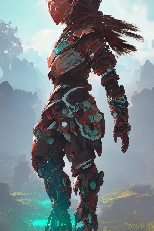 Image similar to combination suit armor aloy horizon forbidden west horizon zero dawn radiating a glowing aura global illumination ray tracing hdr fanart arstation by ian pesty and alena aenami artworks in 4 k tribal robot ninja mask helmet backpack