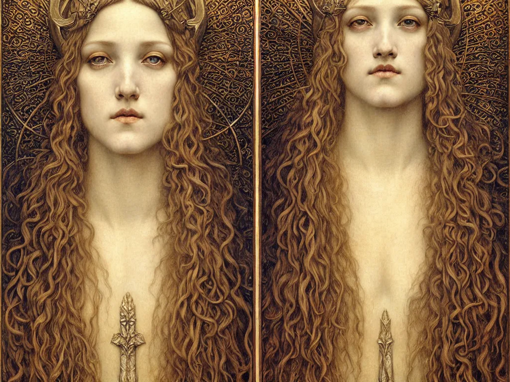 Image similar to detailed realistic beautiful young medieval queen face portrait by jean delville, gustave dore and marco mazzoni, art nouveau, symbolist, visionary, gothic, pre - raphaelite. horizontal symmetry