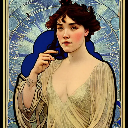 Image similar to florence pugh portrait by louis - theophile hingre and alphonse mucha, realistic, sharp focus, zodiac signs, tarot cards, planets, ethereal, art nouveau, magic, moon, sun, crown, dreamy, royal, jewellery