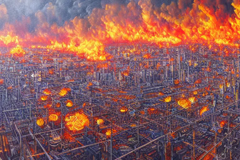 Prompt: steampunk city on fire, aerial view, realist painting, oil on canvas, 8k, high def, macro detail
