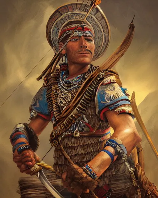 Image similar to digital painting of an aztec archer by filipe pagliuso and justin gerard, symmetric, fantasy, detailed, intricate, portrait, sharp focus, tarot card, handsome, gwent