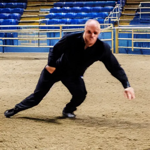 Prompt: a man dodging obstacles in an arena