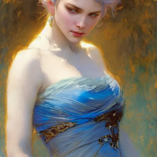 Prompt: detailed cinematic wide shot of beautiful attractive woman clean skin blue eyes white hair, ultra realistic, spring light, painting by gaston bussiere, craig mullins, j. c. leyendecker