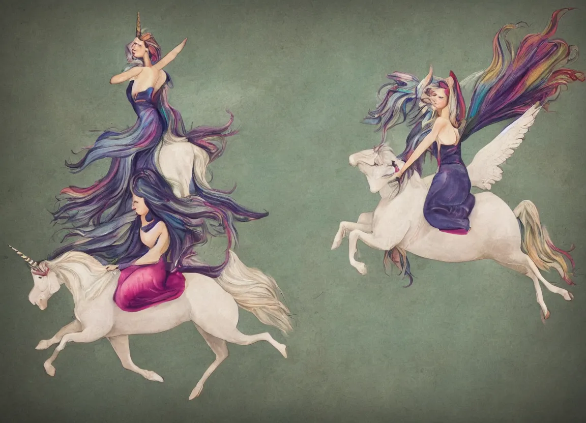 Image similar to woman riding a flying unicorn