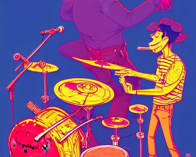 Image similar to a study of cell shaded cartoon of a two man band playing a synthesizer and drums, loud colors, post grunge, concept art by josan gonzales and wlop, by james jean, Victo ngai, David Rubín, Mike Mignola, Laurie Greasley, highly detailed, sharp focus, Trending on Artstation, HQ, deviantart, art by artgem