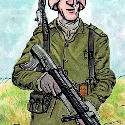 Image similar to Squidward as an English soldier fighting at Normandy, hyperrealistic