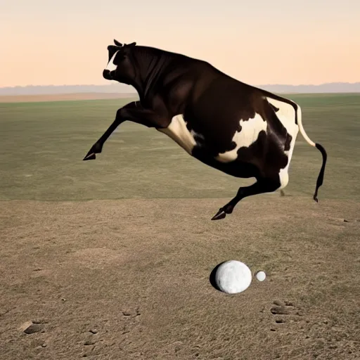 Image similar to ultra realistic cow jumping over the moon