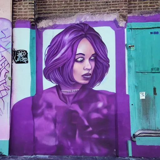 Prompt: a beautiful woman with purple!!!! hair in front of a spray painted murals in an alley in france