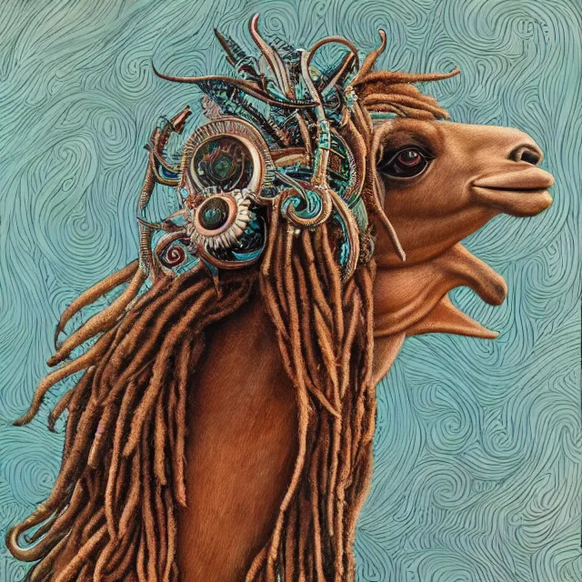 Image similar to llama with dreadlocks, art deco design, by Mandy Jurgens, Ernst Haeckel, James Jean