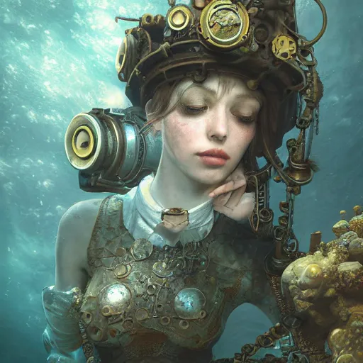 Prompt: underwater steampunk sleeping portrait, hyper detailed, digital art, trending in artstation, cinematic lighting, studio quality, smooth render, unreal engine 5 rendered, octane rendered, art style by klimt and nixeu and ian sprigger and wlop and krenz cushart.