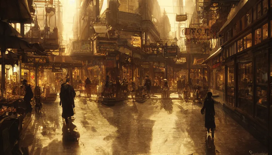 Image similar to Antique store in a Dieselpunk city, shopping street, shopwindows, light, shadows, reflections, steam, epic composition, intricate, elegant, volumetric lighting, digital painting, highly detailed, artstation, sharp focus, illustration, concept art, ruan jia, steve mccurry