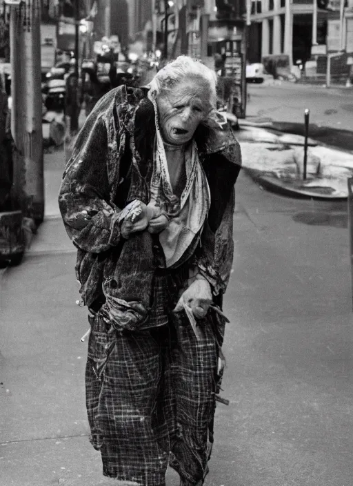 Prompt: strange ugly tough looking woman with piercings walking down the street in New York. older person, raggedy clothes, crackhead, struggle, somebodys grandma probably, award winning photography, high detail, photography by Annie Leibovitz, Ansel Adams, Mary Ellen Mark