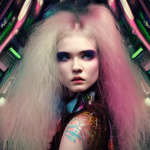 Image similar to Ethereal, mysterious stunning maximalist mesmerizing cyberpunk girl Grimes (Claire Boucher) from the rainbow sky paradise, high-tech, professional high fashion model photo shoot, hyperdetailed by Mark Ryden and artgerm and Hiroyuki-Mitsume Takahashi, 35mm macro shot, hyperrealism, 8k resolution 3D, cinematic, dynamic lighting, octane render, unreal engine 5