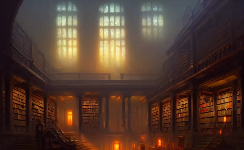 Prompt: ancient library, horror sccene, by Greg Rutkowski and Gaston Bussiere, dim lighting, beautiful volumetric-lighting-style atmosphere, futuristic atmosphere, intricate, detailed, photorealistic imagery, artstation, by Evgeny Lushpin