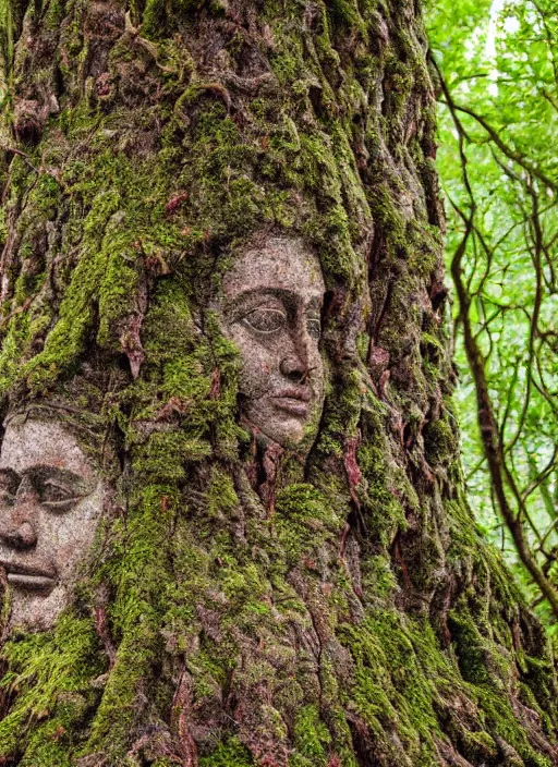 Prompt: photograph of hyperrealistic detailed ancient face in the shape of a tree covered with bark and moss, in a mysterious forest