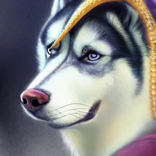 Image similar to a portrait painting of a husky in cowboy costume, wearing a cowboy hat, by studio ghibli, humanoid, personify, anthropomorphic, trending on artstation