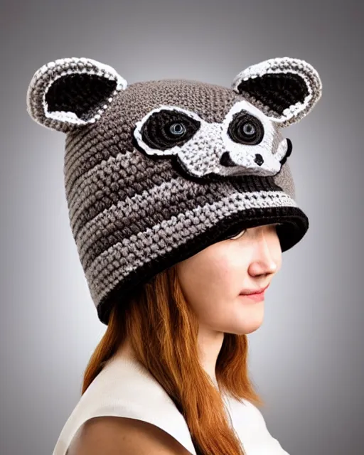 Image similar to a crocheted raccoon hat, very detailed, animal hat, cute details, product photo, promotional image, sharp focus, studio lighting. fzd school of design