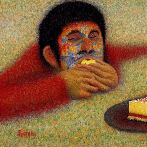 Prompt: a dying mexican man clinging to a cheesecake, oil painting, by georges seurat