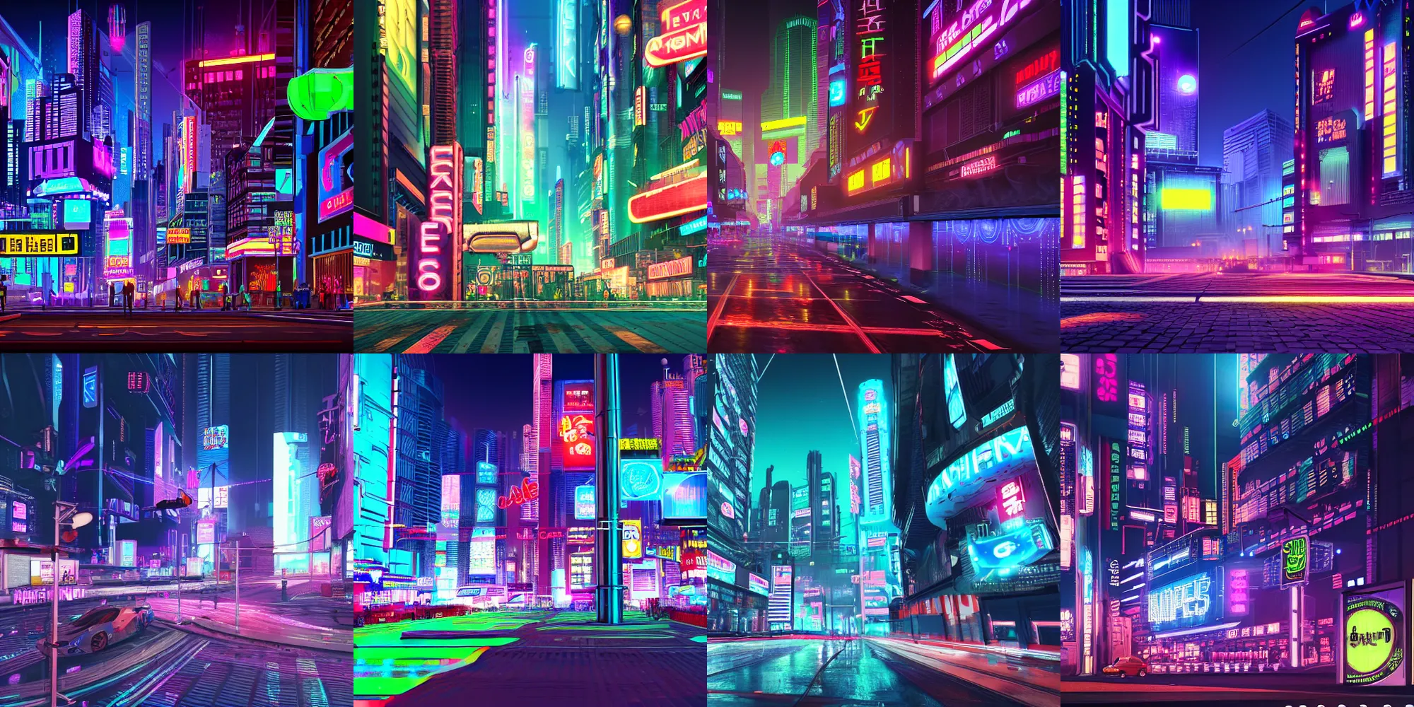 Prompt: cyberpunk city landscape, night time, brightly lit, holographic ads, lots of neon, highly detailed, 8 k