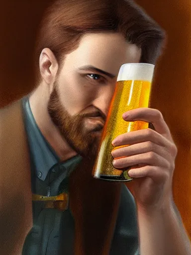 Image similar to a young handsome guy, drinking draffted beer in a pub. intricate, elegant, highly detailed, digital painting, artstation, concept art, sharp focus, illustration, by justin gerard and artgerm, 8 k