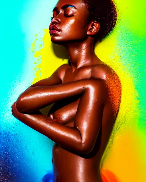 Image similar to photo half body portrait of very beautiful woman, face emerging from pool of colorful oils, brown skin, realism, extreme detail, real life, key art, soft light, volumetric light, 3 - d shadows, photo by james jean and wlop, photoshoot