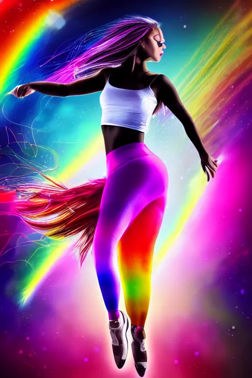 Image similar to a award winning half body portrait of a beautiful woman with stunning eyes in a croptop and leggings with reinbow colored ombre hairstyle head in motion and hair flying while dancing by thomas danthony, surrounded by whirling illuminated lines, outrun, vaporware, shaded flat illustration, digital art, trending on artstation, highly detailed, fine detail, intricate