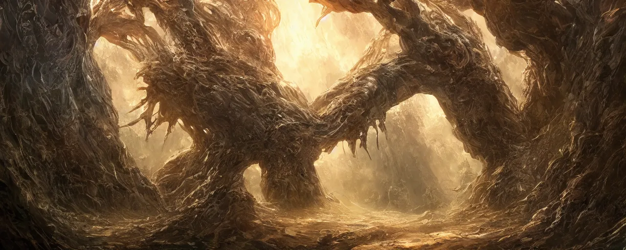 Image similar to a giant gatekeeper guarding the entrance to the tree of life, large scale, breathtaking, mixed media, digital art, trending on artstation, 8k, epic composition, highly detailed, AAA graphics