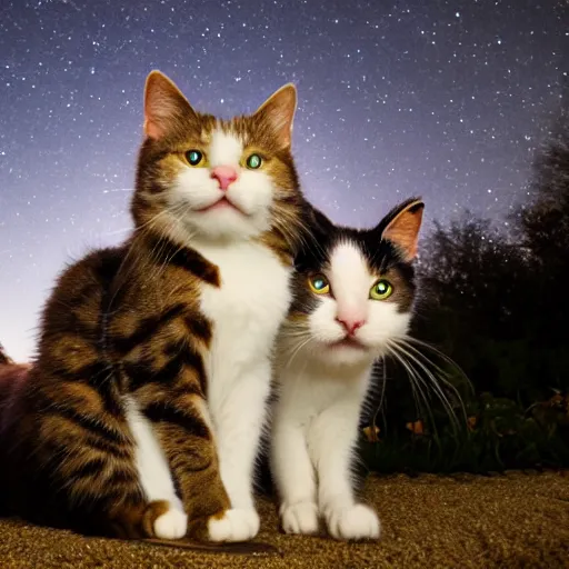 Image similar to a 4 k photo of cats cuddling under the moonlight, award winning photography